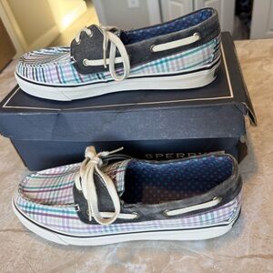 Sperry Top Sider Plaid Boat Shoe Slip Ons Blue Womens 7.5